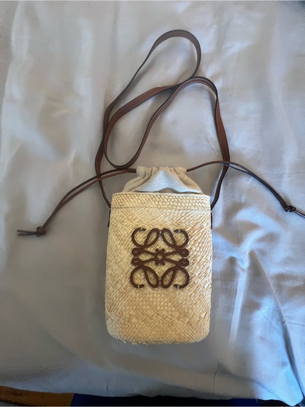 Loewe Cream Straw Crossbody with Brown Leather Logo